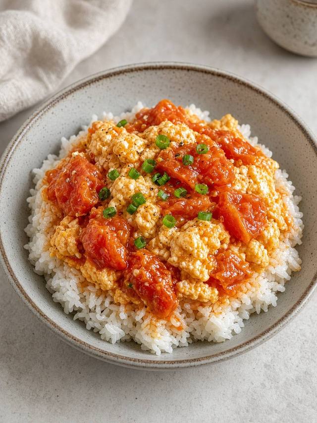 Tomato egg rice with scallions in a skillet.