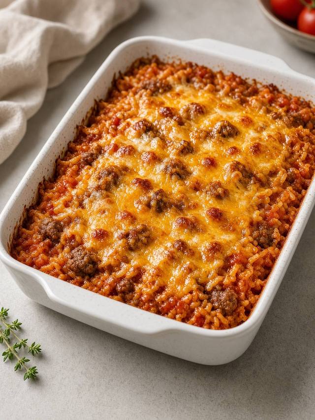 A round baking dish of red-tinted rice and crumbled beef, melted cheddar across the top with a few browned patches and pieces of onion at the edge.