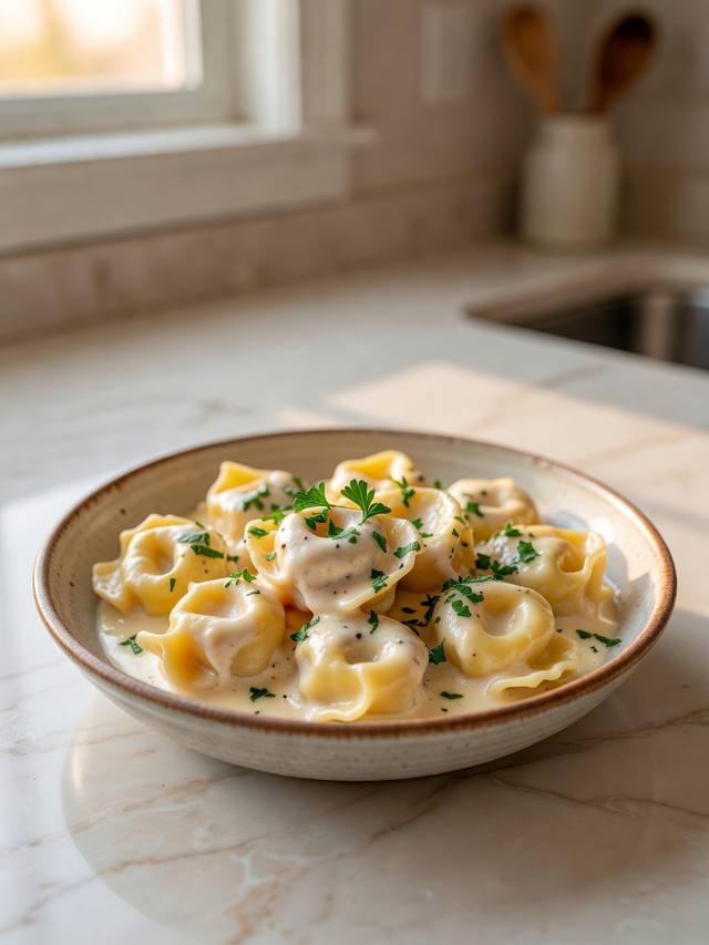 Bowl of cheese tortellini coated in creamy Parmesan Alfredo sauce with parsley