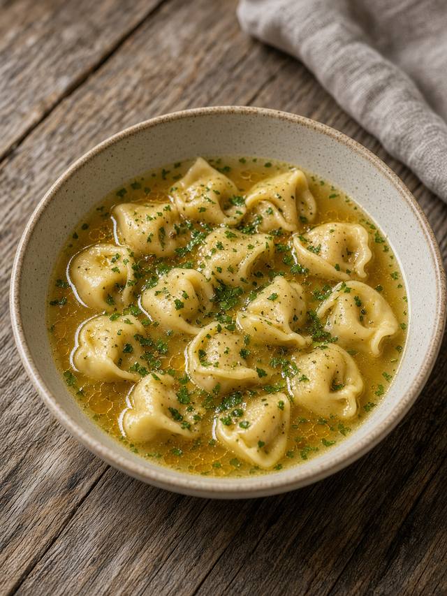 Bowl of cheese tortellini in clear broth with spinach