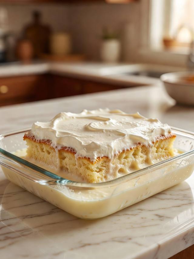 Square of tres leches cake soaked with milk and topped with whipped cream in a baking dish