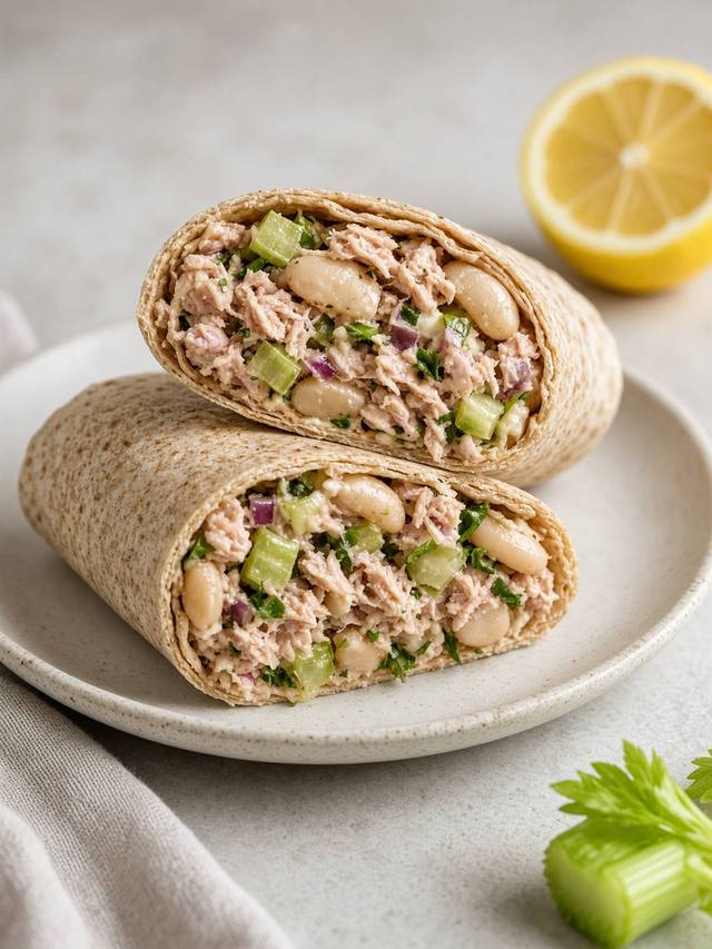 A tuna and white bean wrap cut in half.