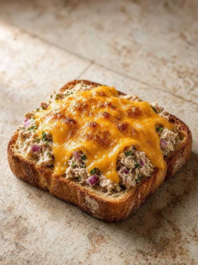 An open-face tuna melt with melted cheddar on toasted bread.