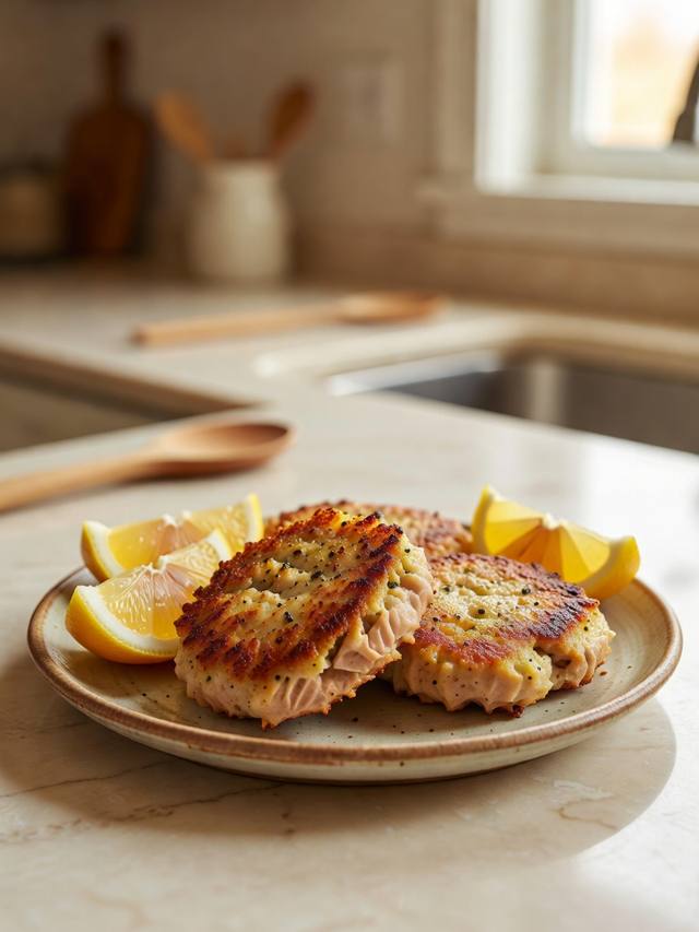 Golden pan-fried tuna patties on a plate with lemon wedges