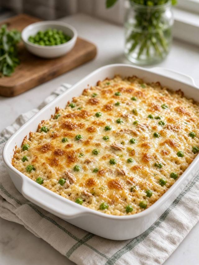 Tuna rice casserole with peas and a lightly browned top.