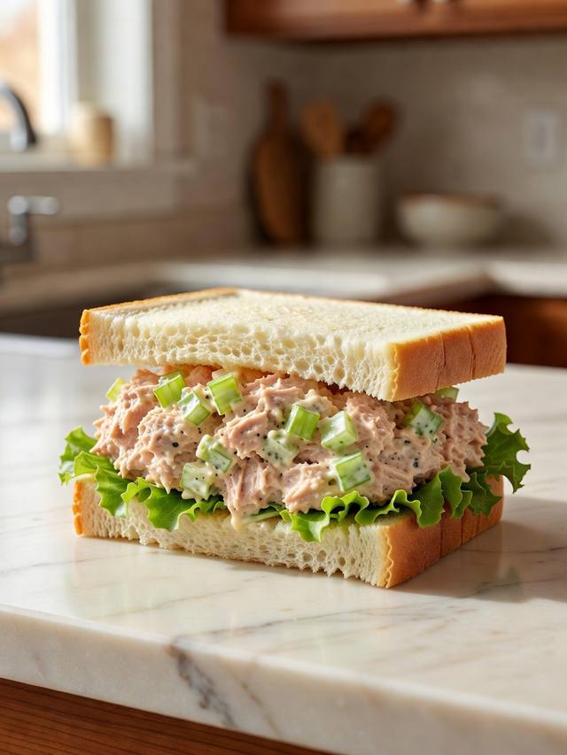 Tuna salad sandwich on white bread with visible celery and lettuce