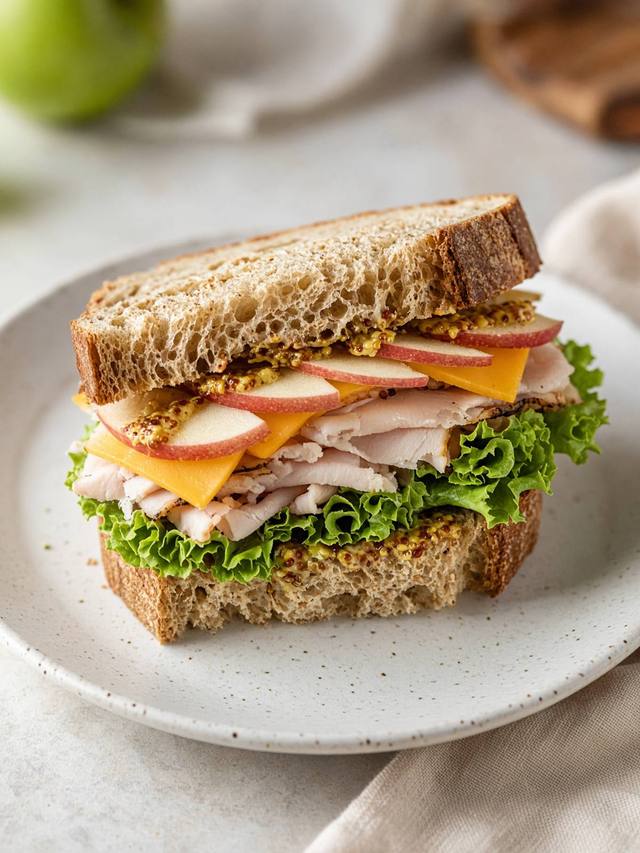A sliced sandwich showing turkey, cheddar, and thin apple slices on bread.