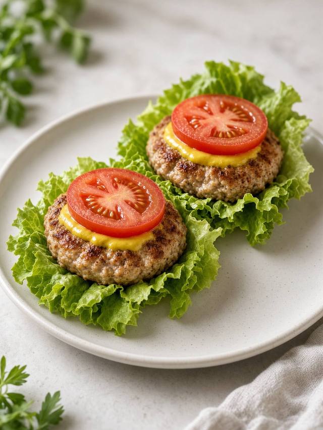 Turkey patties stacked with lettuce, tomato, and onion, no bun.