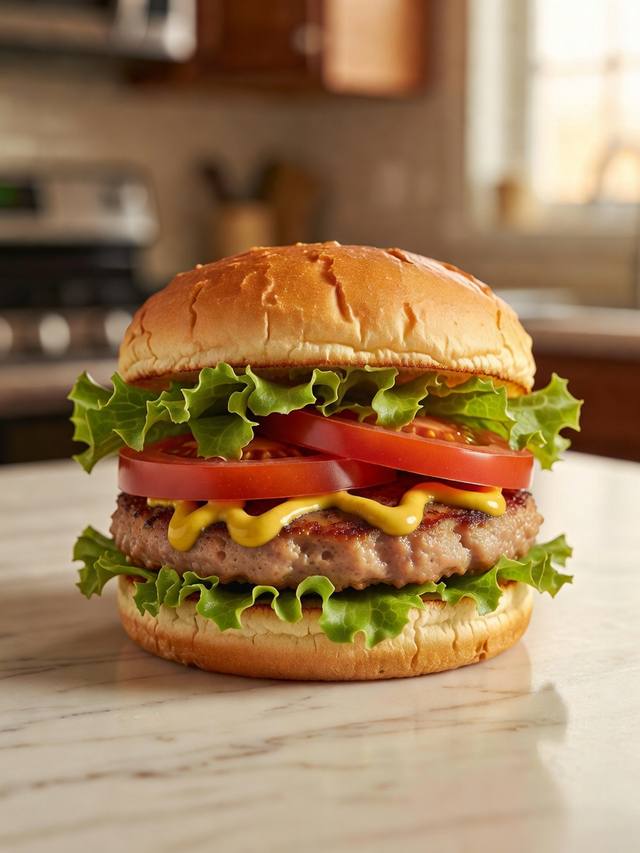Turkey burger on a bun with lettuce, tomato, and mustard