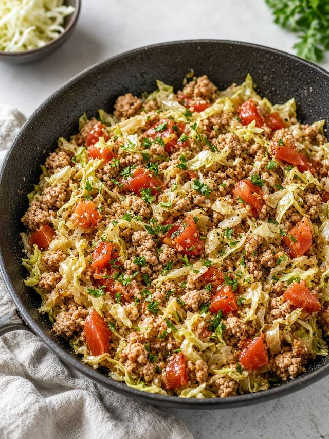 Ground turkey and cabbage skillet with tomato.