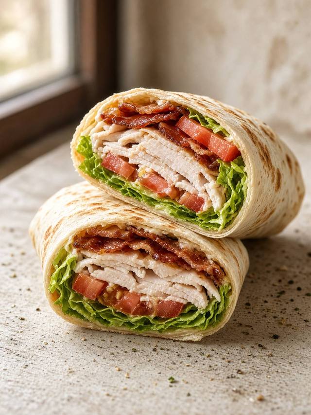 A wrap cut in half showing turkey, bacon, lettuce, and tomato.