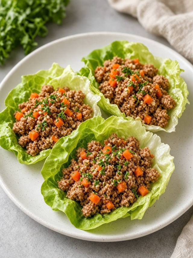 Turkey lettuce wraps with carrot and scallion.