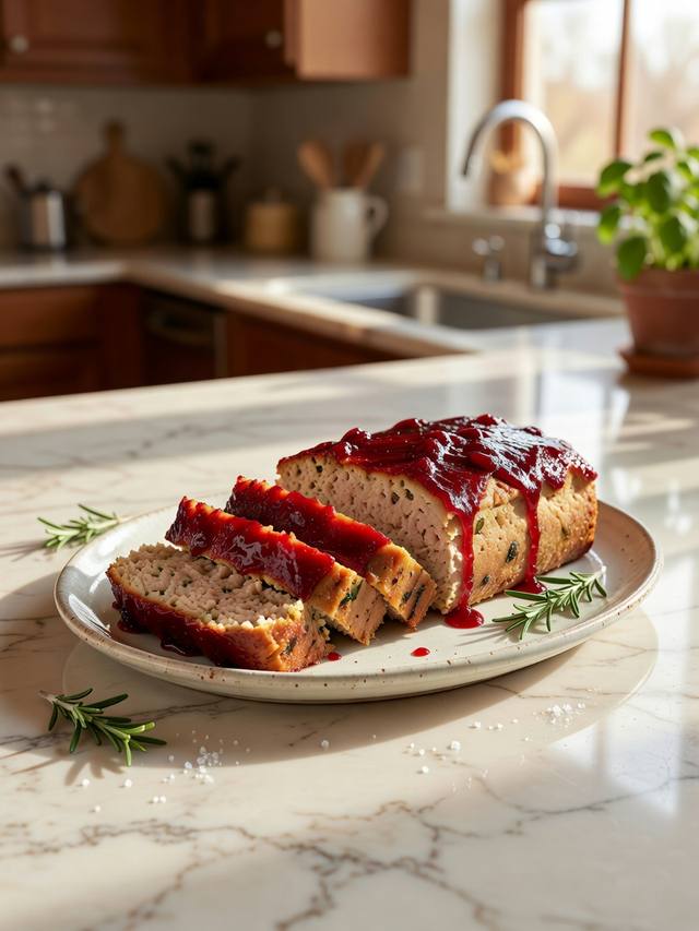 Sliced turkey meatloaf with a red glaze on a platter