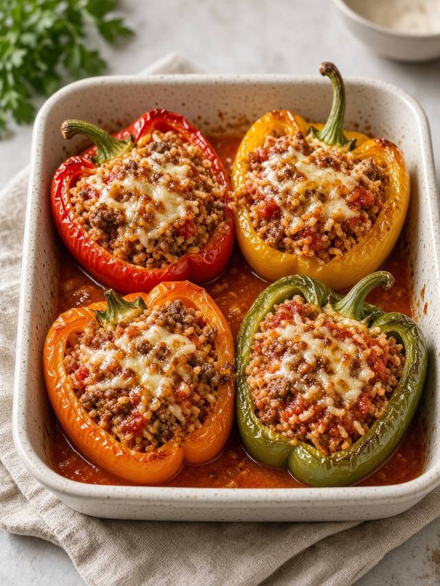 Turkey and rice stuffed peppers in a baking dish.