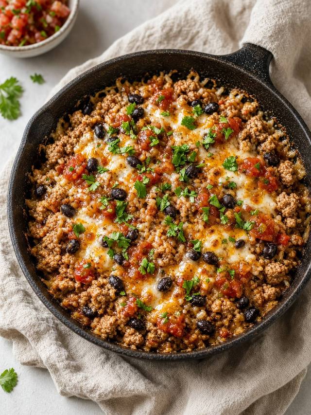 Turkey taco skillet with beans, rice, and salsa.