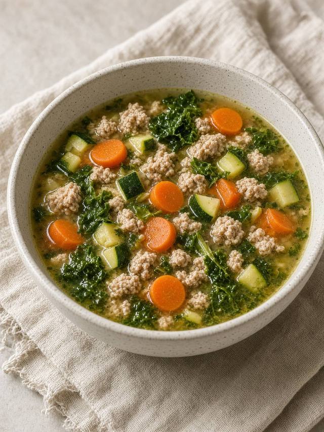 A bowl of ground turkey soup with zucchini, carrot, and greens in broth.