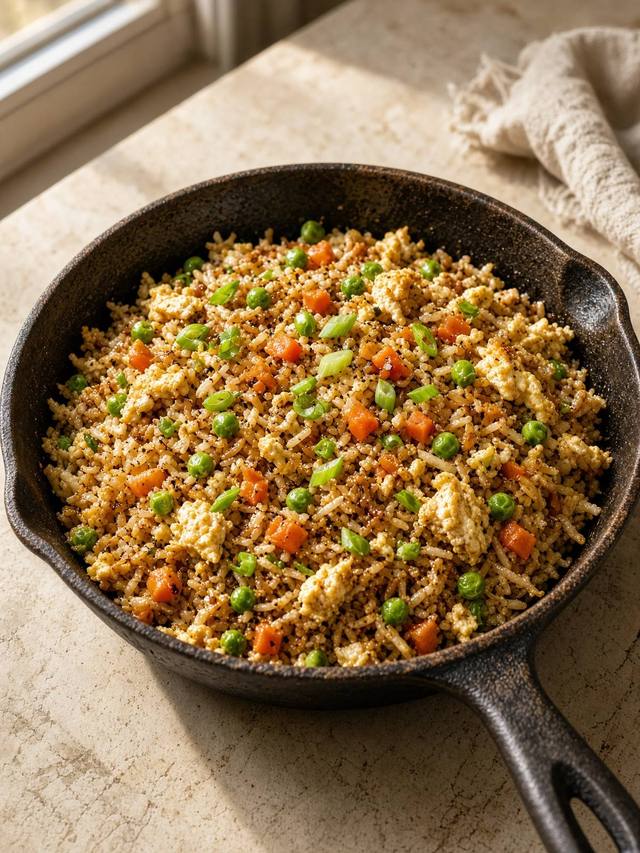 A skillet of fried rice with egg, peas, carrots, and green onion.
