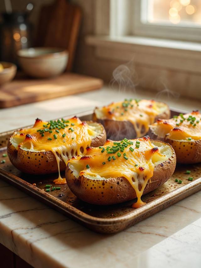 Twice-baked potato halves with melted cheddar and chives on a sheet pan