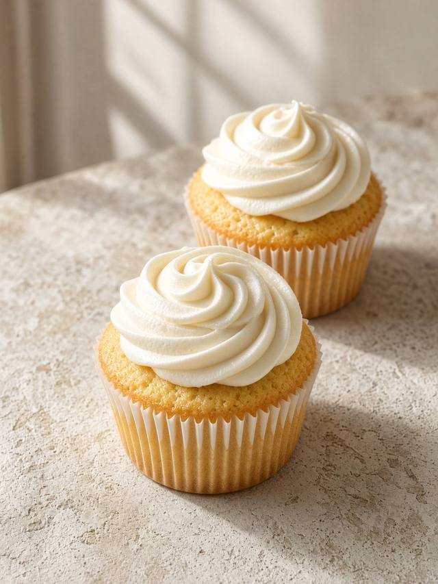 Vanilla cupcakes with a swirl of butter frosting on a cooling rack.