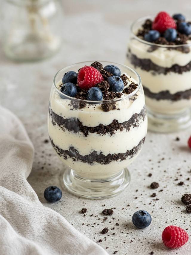 Vanilla pudding parfaits with berries in glasses.