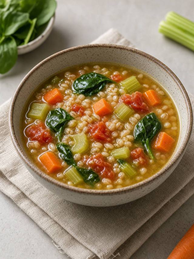 Bowl of vegetable barley soup with carrot and spinach.