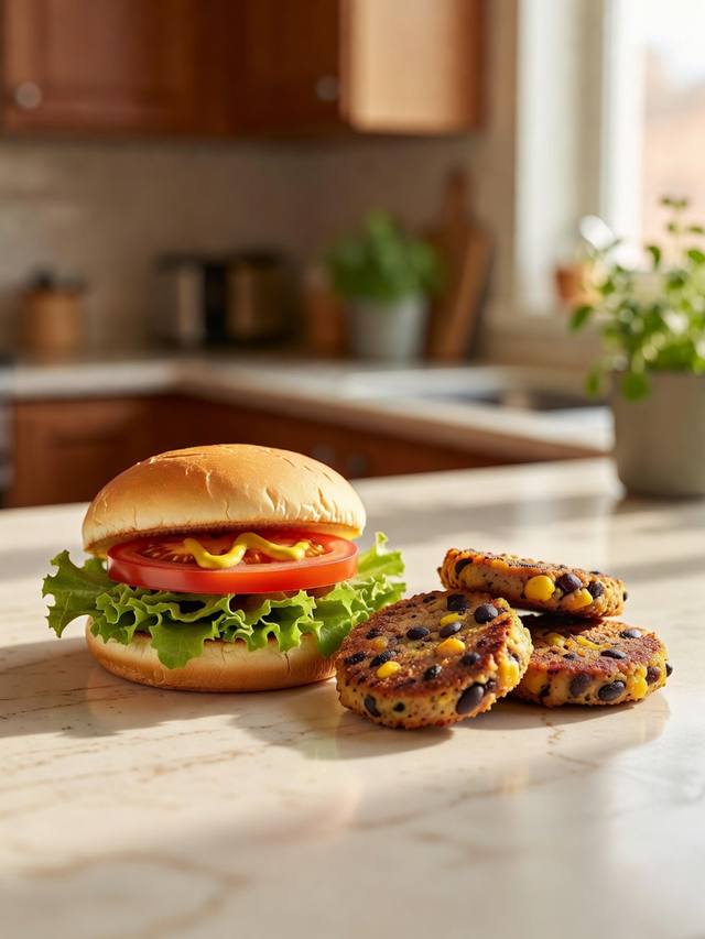 Veggie burger on a bun with lettuce, tomato, and mustard beside a few extra bean patties