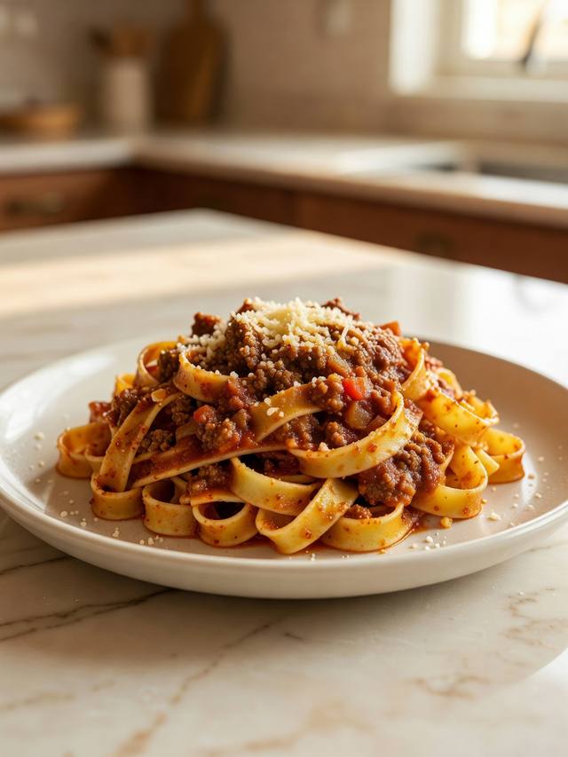 Tagliatelle coated in a thick meaty tomato Bolognese sauce