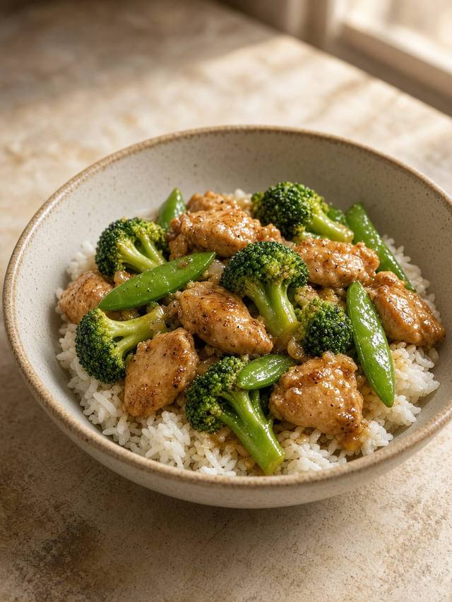 Chicken, broccoli, and snap peas in a glossy sauce over rice.