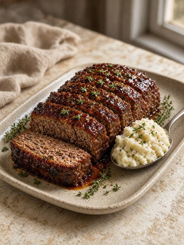 Sliced glazed meatloaf on a platter with a spoon of mashed potatoes.