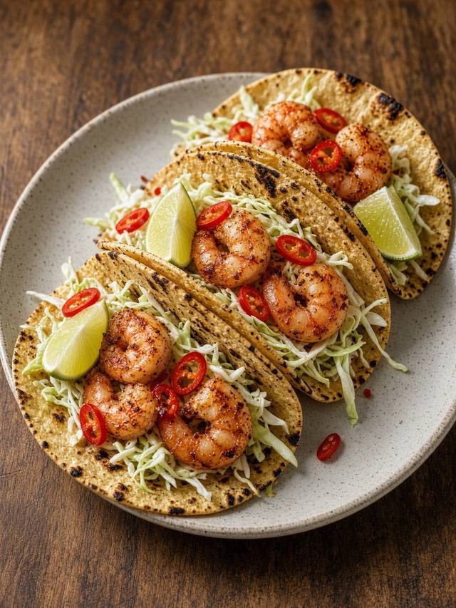 Shrimp tacos in corn tortillas with cabbage slaw and lime.