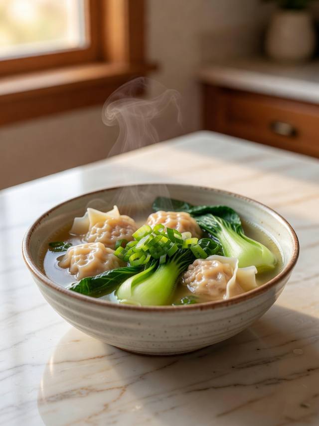 Bowl of clear broth with pork wontons, bok choy, and scallions