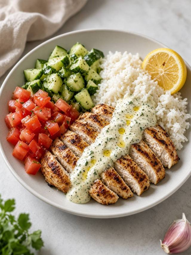 Sliced chicken over rice with cucumber, tomato, and a white yogurt sauce.