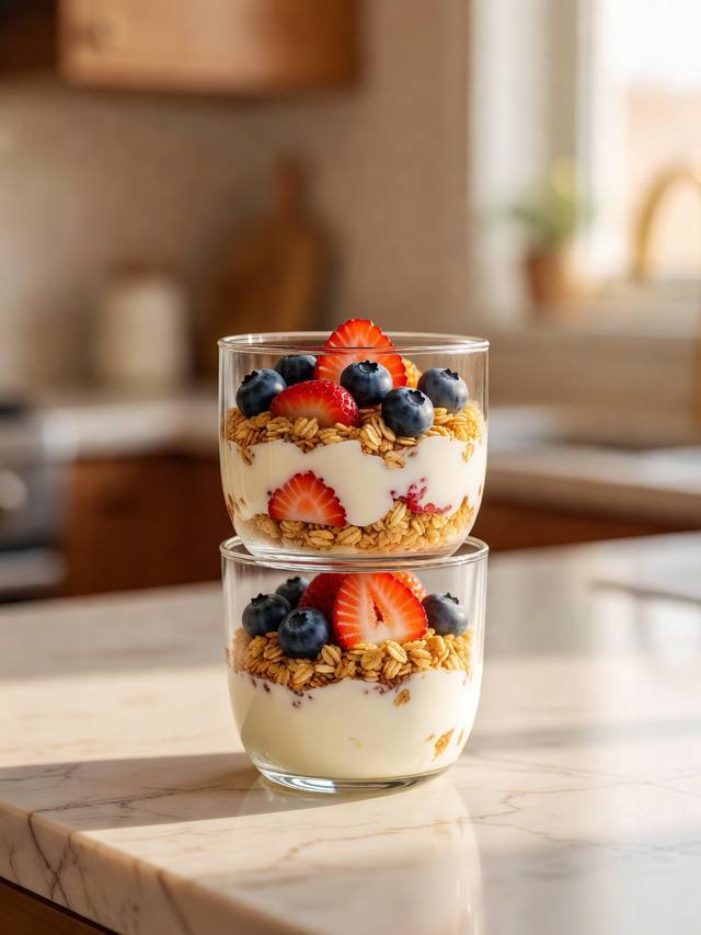 Clear glasses layered with white yogurt, granola, sliced strawberries, and blueberries