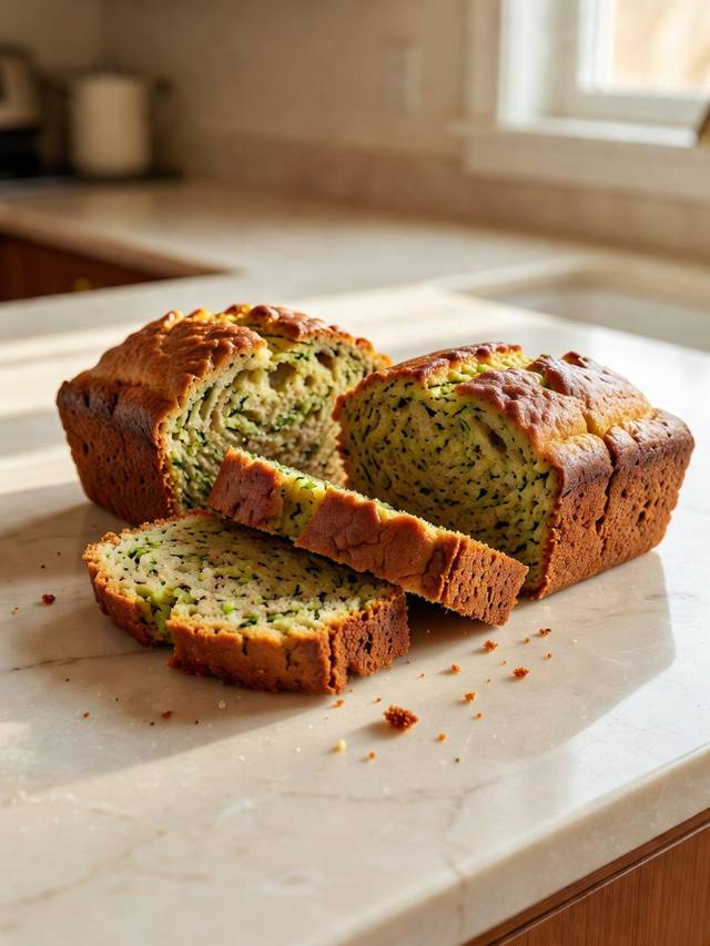 Sliced zucchini bread with a moist crumb and a golden crust