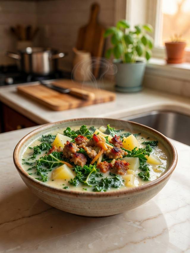 Bowl of creamy potato kale soup with crumbled Italian sausage