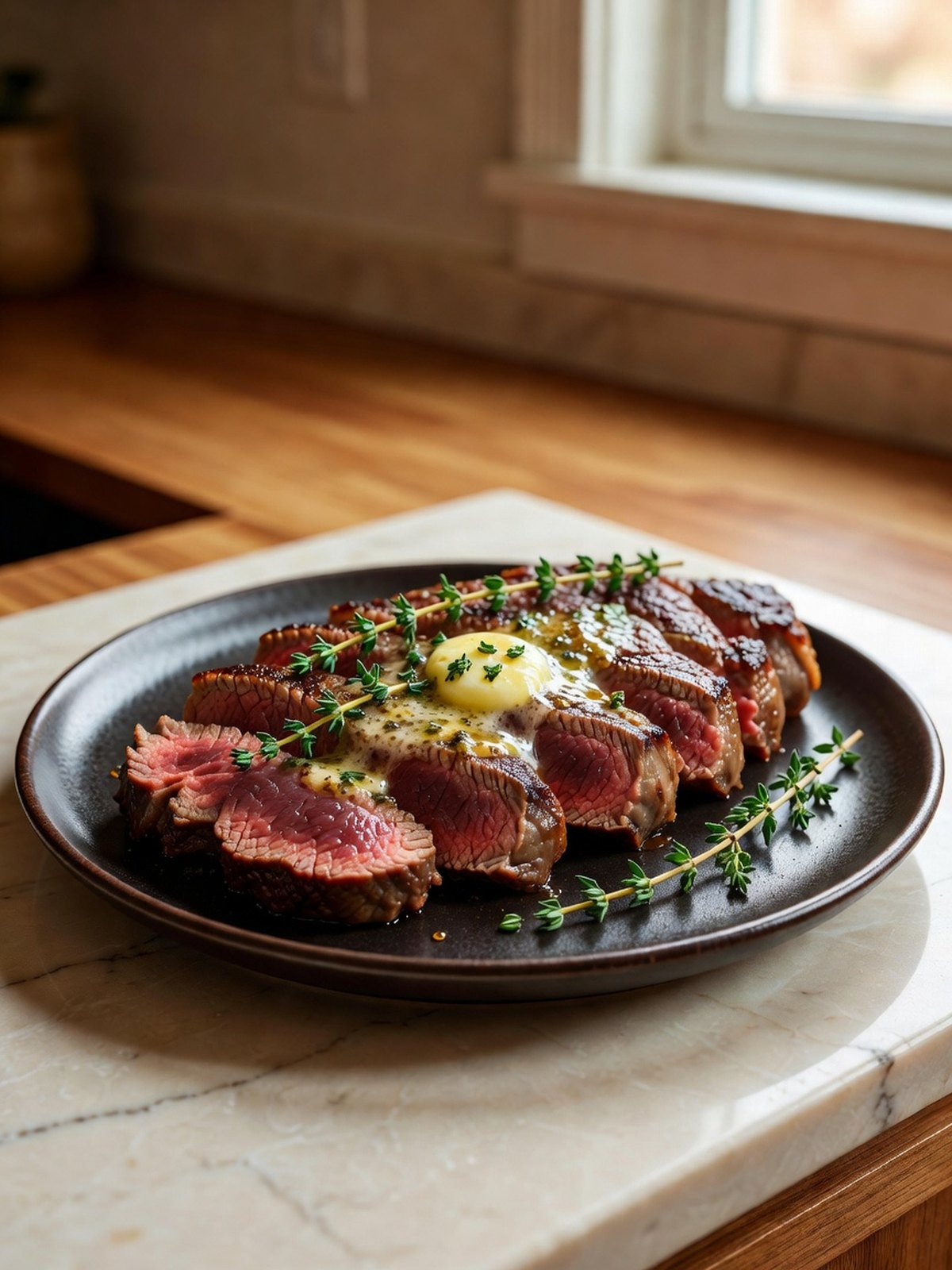 Sliced medium-rare ribeye with garlic butter and thyme on a dark plate