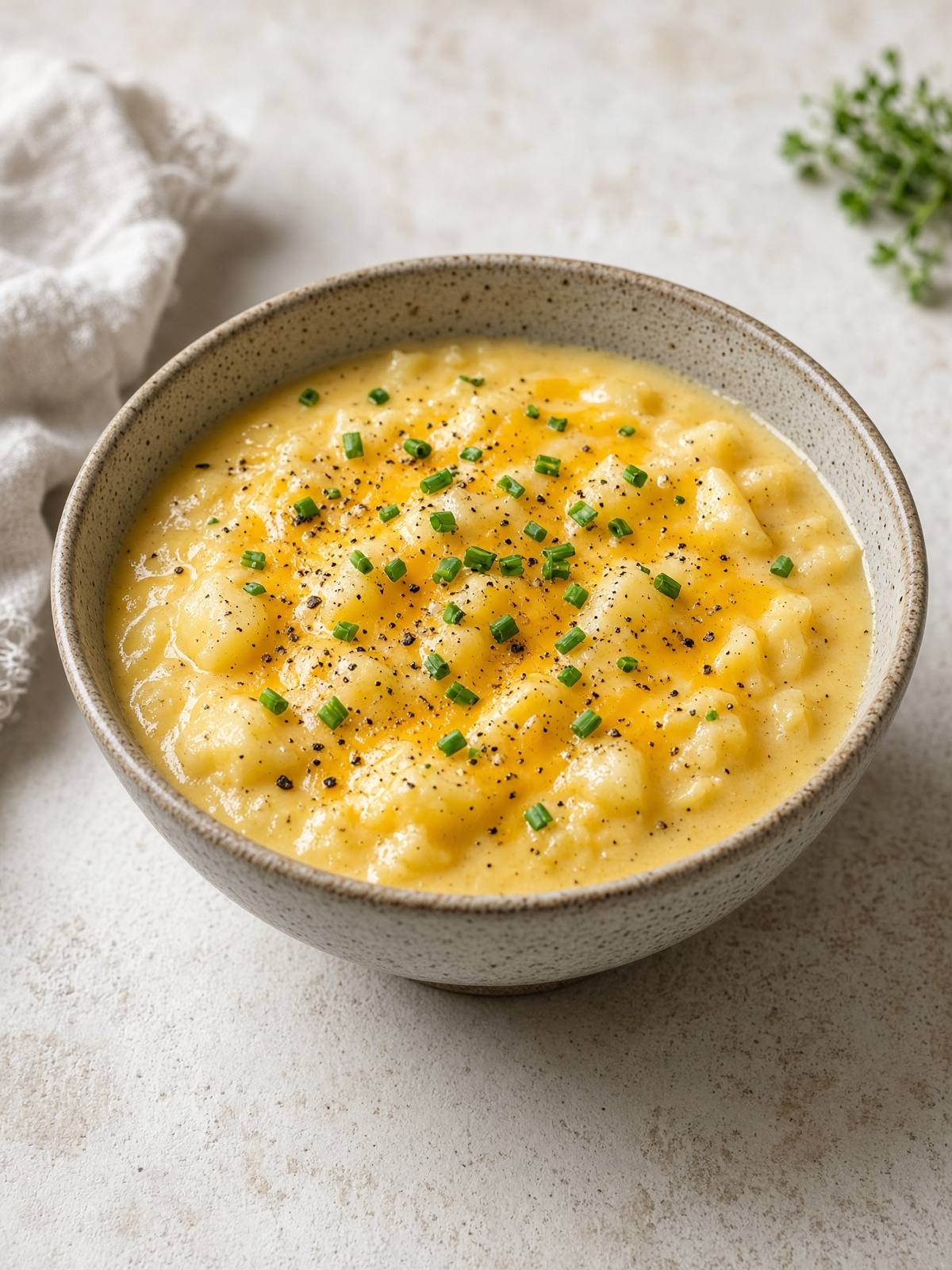 A thick yellow-orange soup of soft potato, melted cheddar, and visible bits of onion, with no bacon on top.