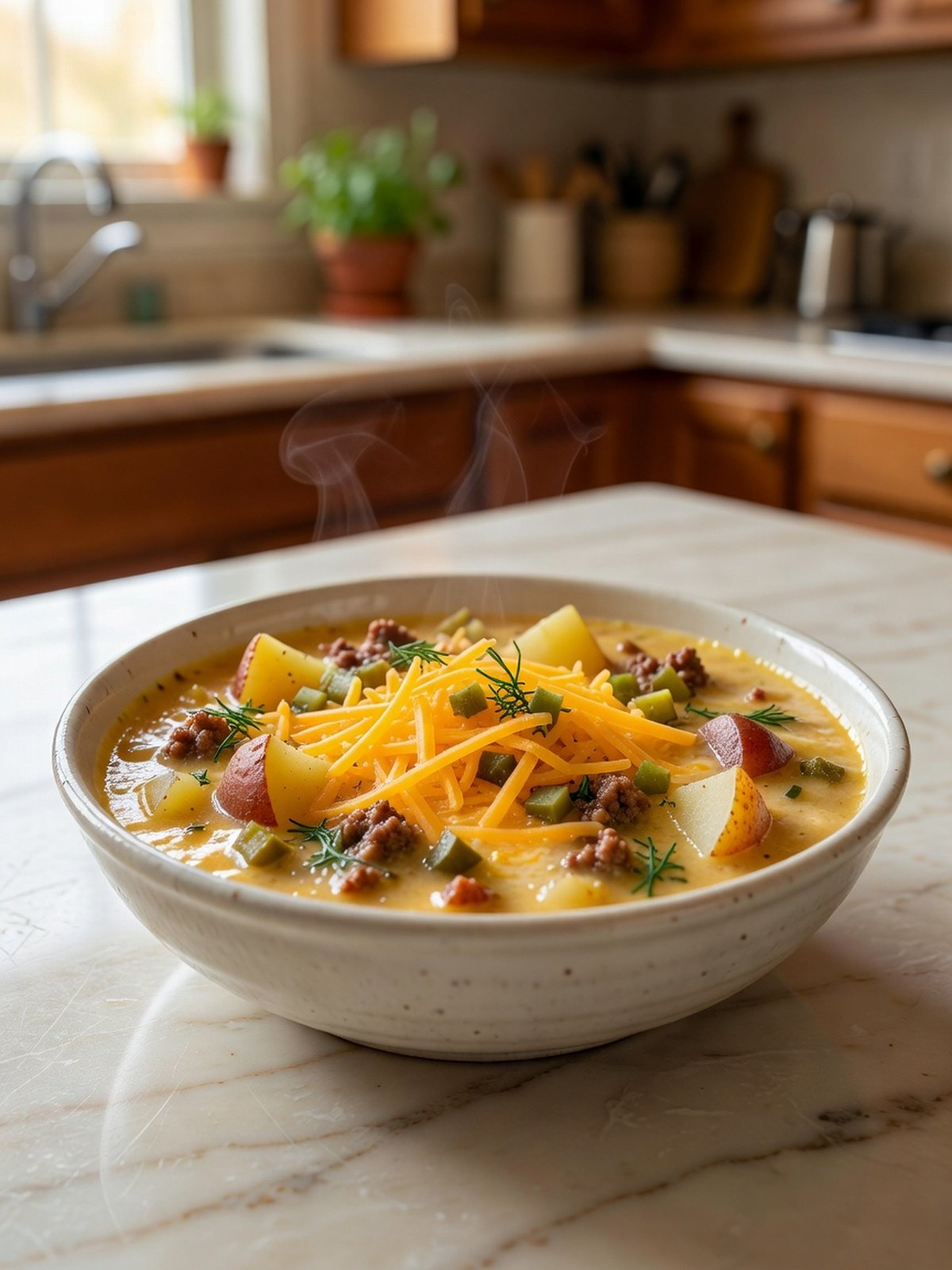 Bowl of creamy cheeseburger soup with potatoes, cheddar, and diced pickles