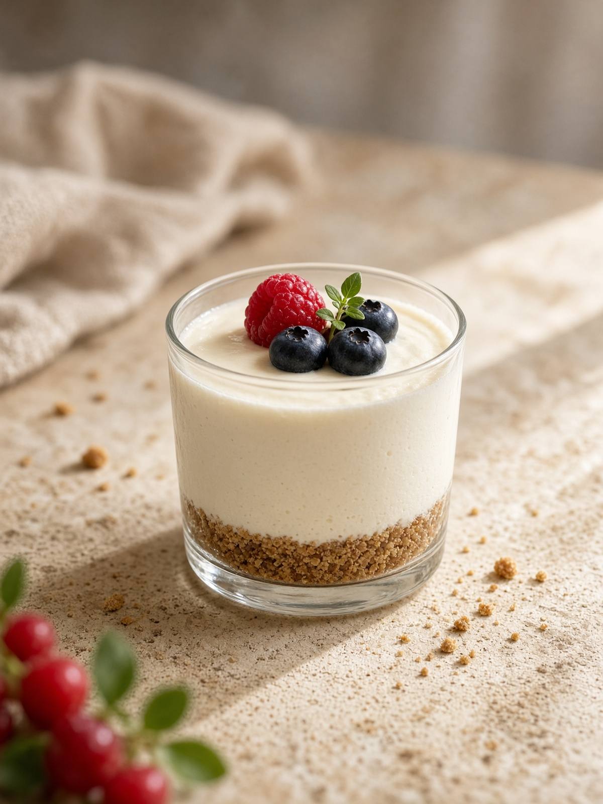 Baked mini cheesecake cups with graham crusts in paper liners.