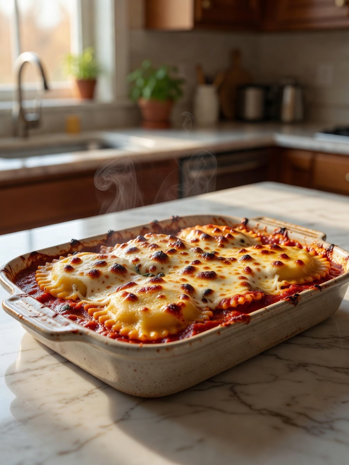 Baked cheese ravioli in a dish with marinara and browned mozzarella