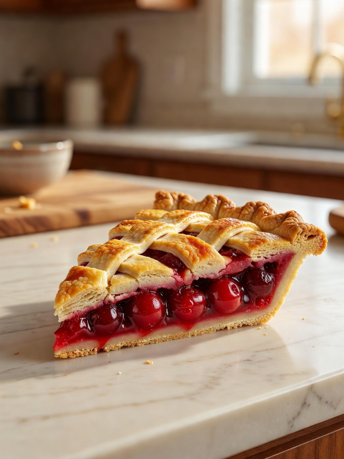 Slice of cherry pie with a golden lattice crust and thick red cherry filling