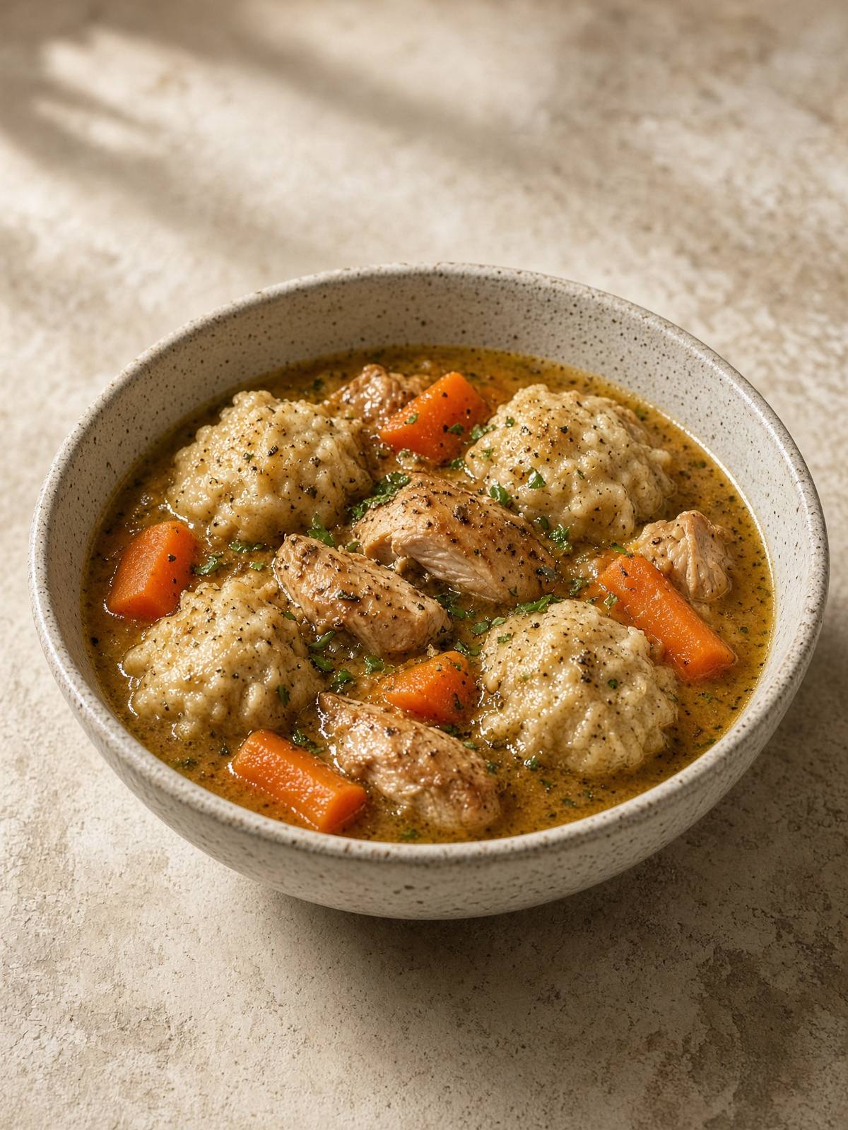 A bowl of chicken stew with soft dumplings and carrots.