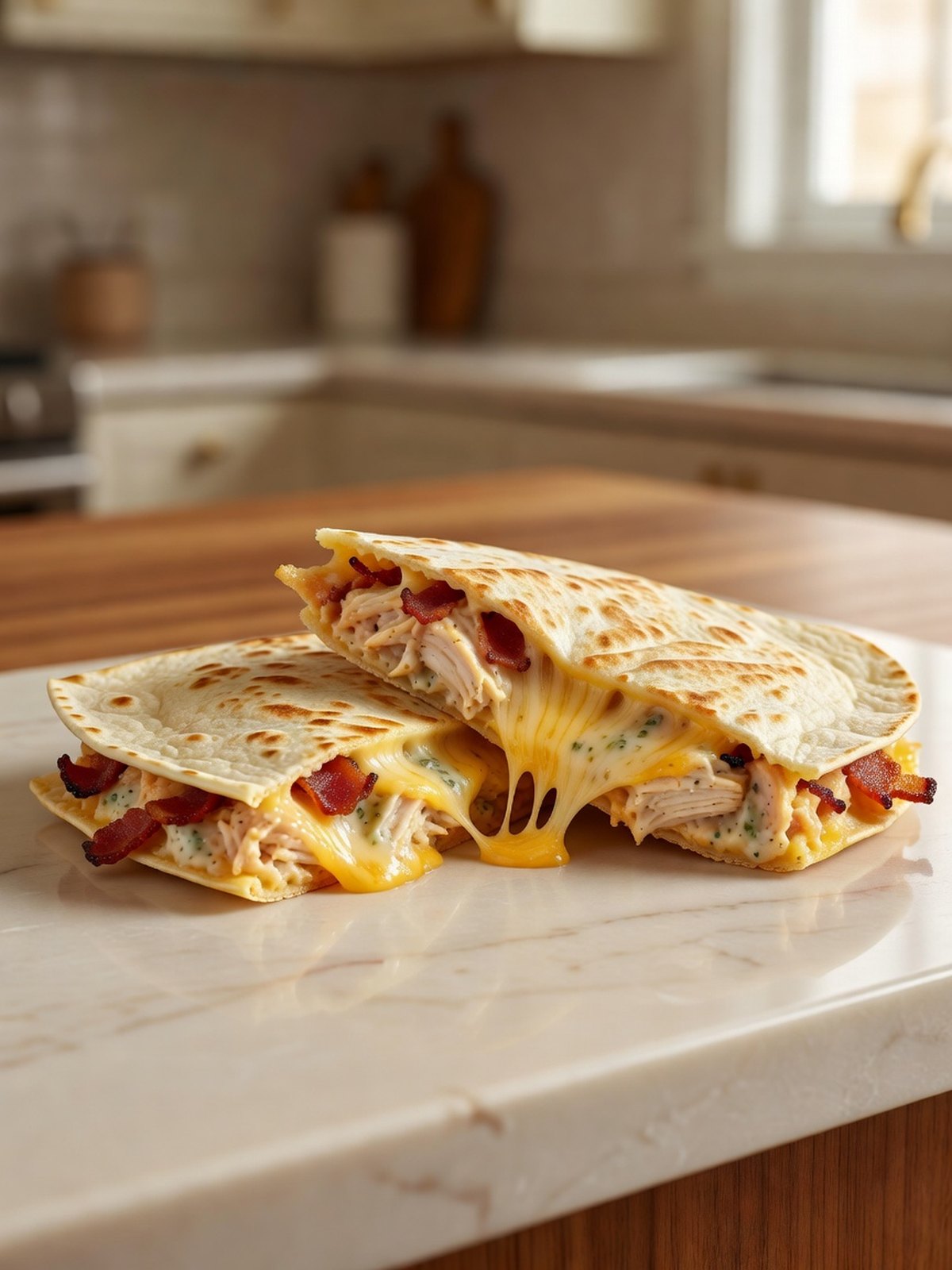 Halved chicken bacon ranch quesadillas with melted cheddar and crisp bacon
