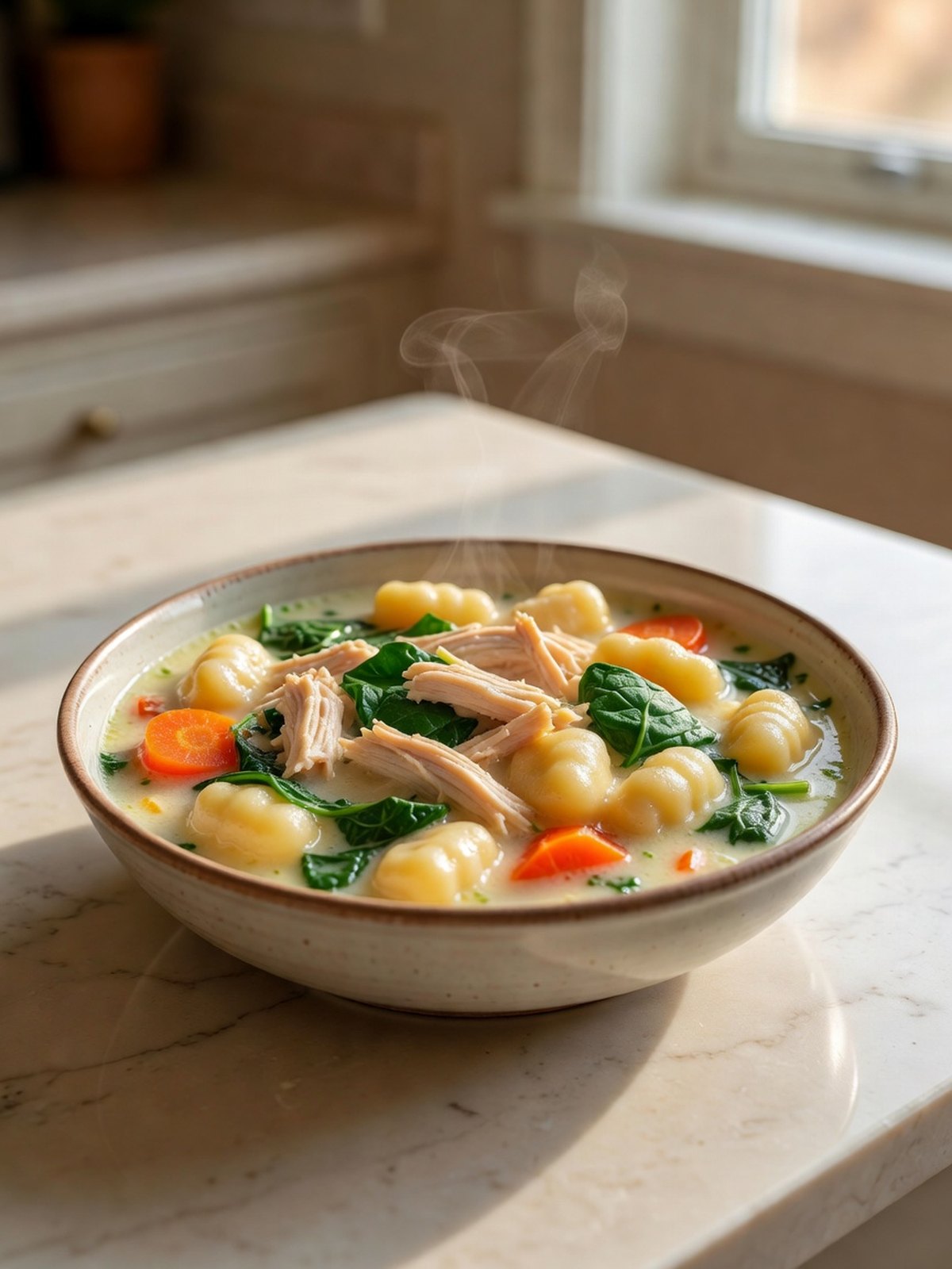 Bowl of creamy chicken gnocchi soup with spinach and carrots