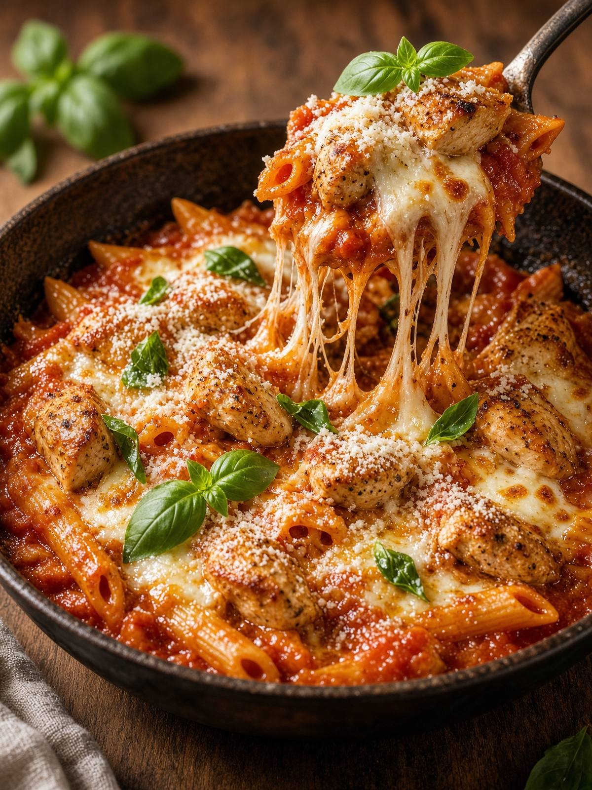 Chicken, short pasta, marinara, and melted mozzarella in one skillet.