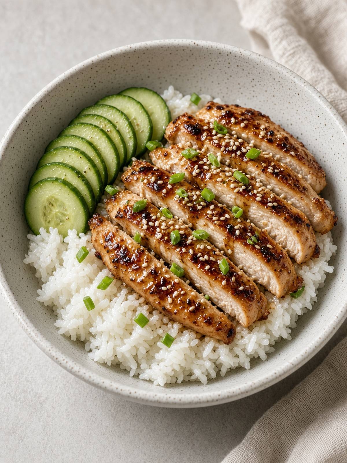 A lunch bowl of rice, sliced chicken, and cucumber with sesame.