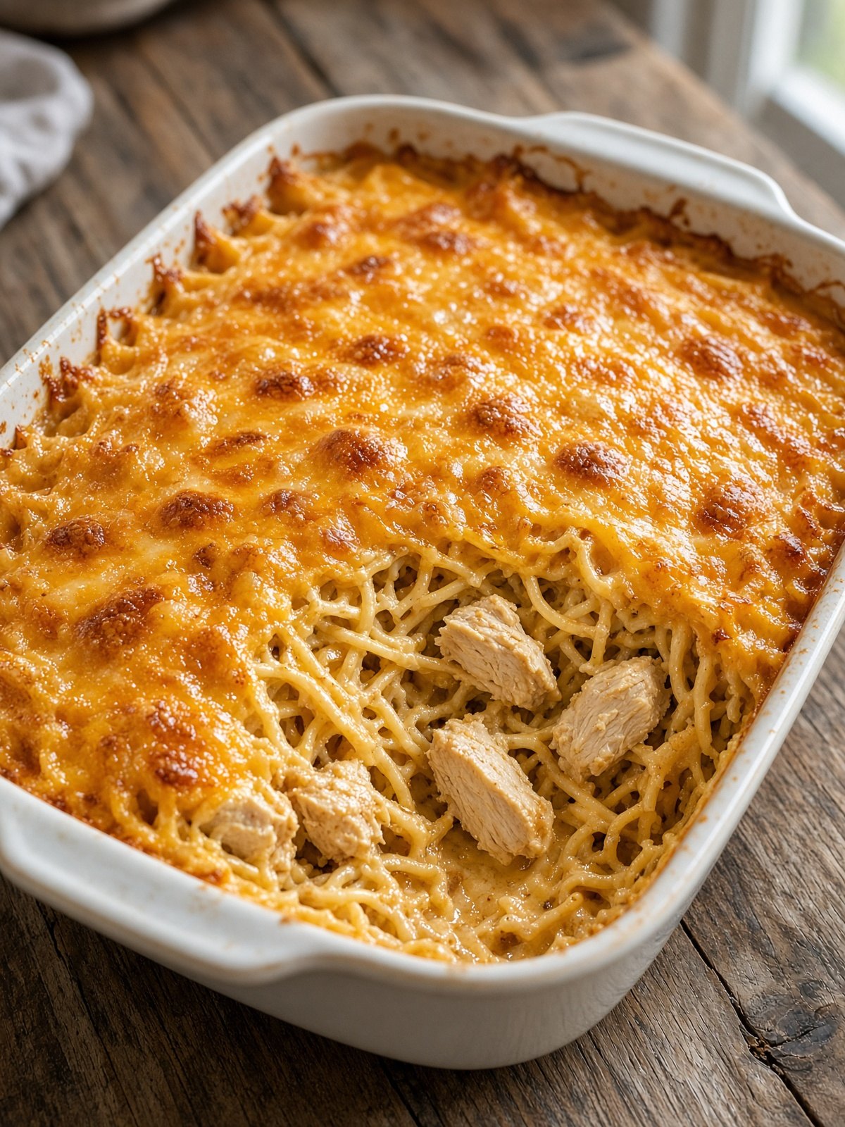 Baked chicken spaghetti with a melted cheddar top in a casserole dish