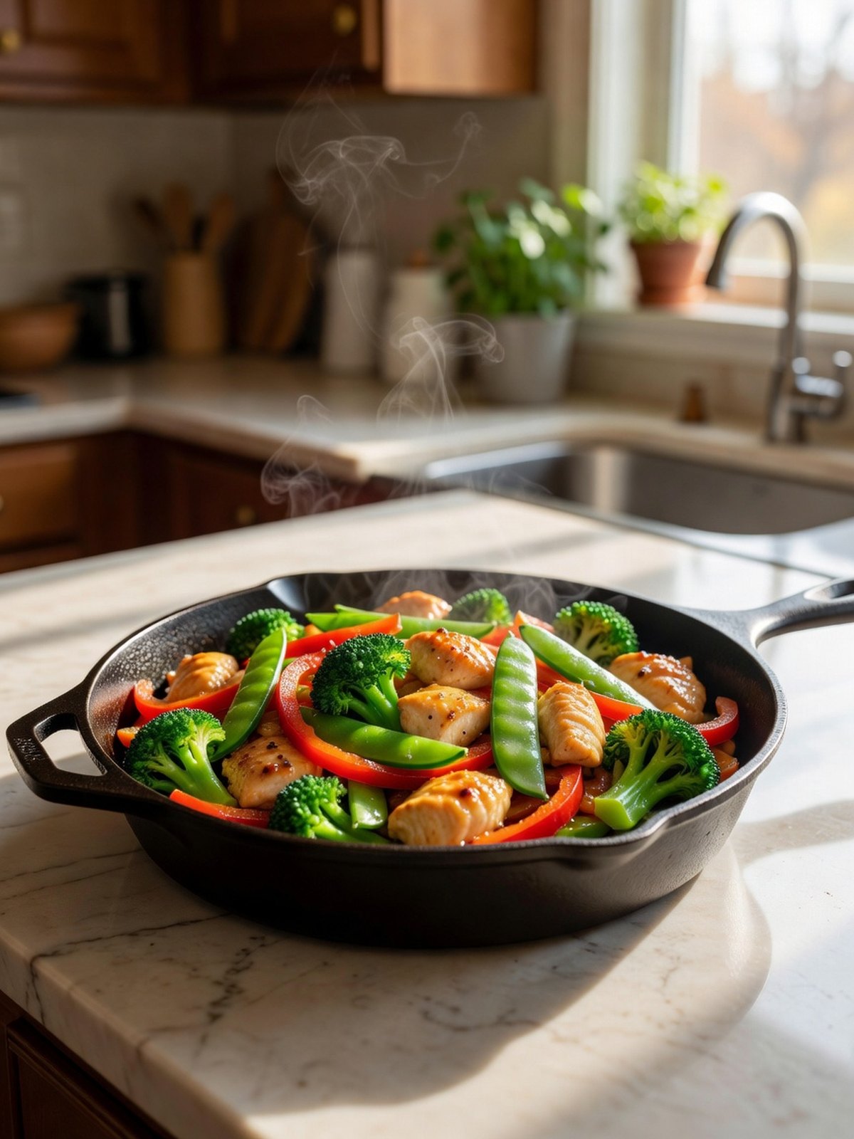 Skillet of chicken stir-fry with broccoli, red pepper, and snap peas in a glossy sauce