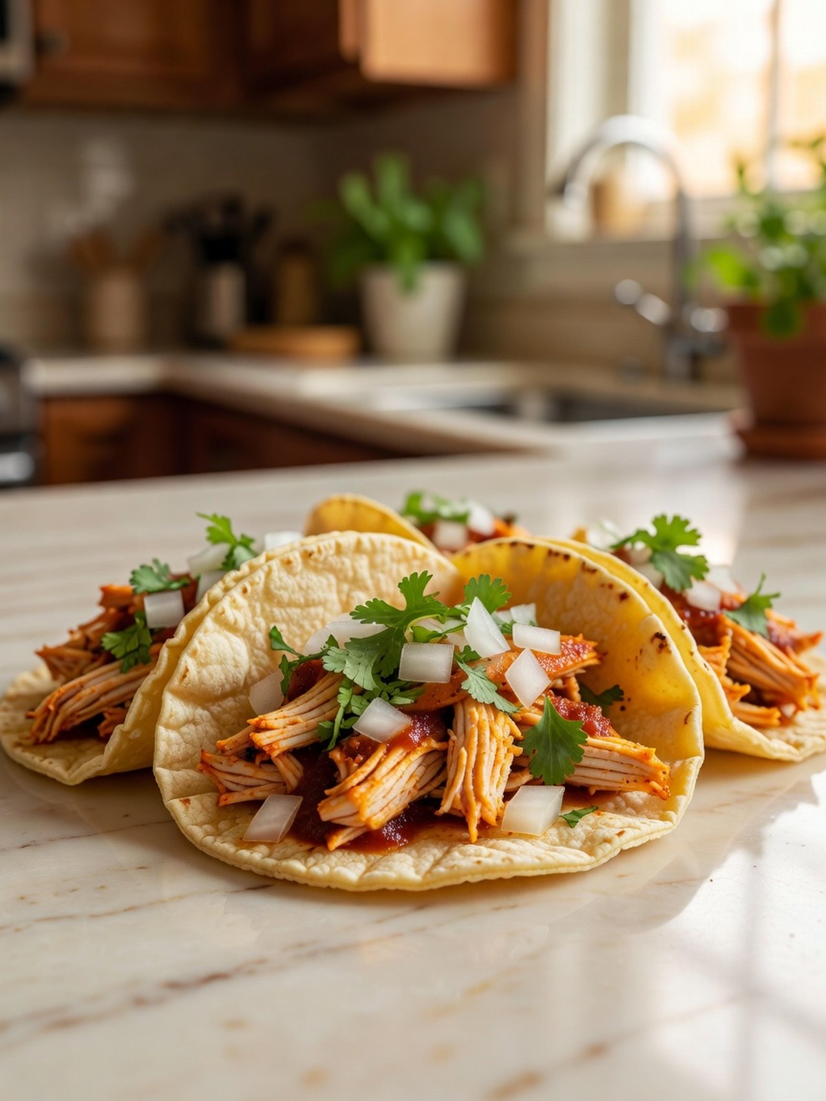 Corn tortillas filled with shredded chipotle chicken, diced onion, and cilantro