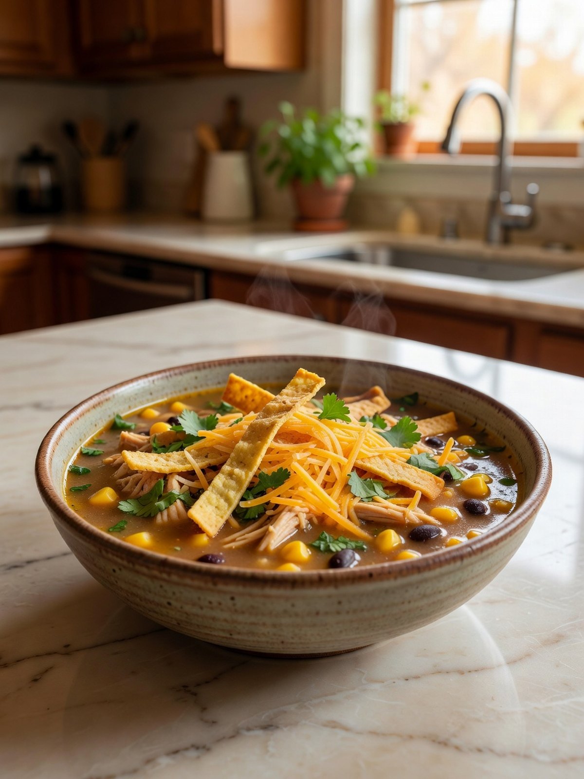Bowl of chicken tortilla soup with corn strips, cheddar, and cilantro
